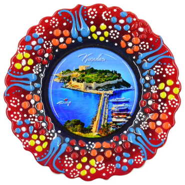 Kusadasi Themed Turkish Ceramic Plate With Epoxy 18 Cm - 8