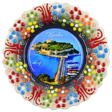 Kusadasi Themed Turkish Ceramic Plate With Epoxy 18 Cm - 9