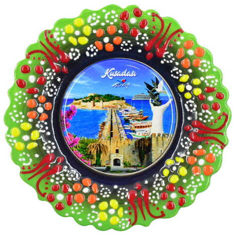 Kusadasi Themed Turkish Ceramic Plate With Epoxy 18 Cm - 10