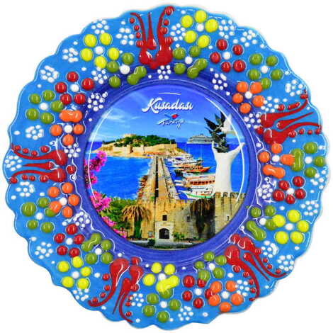 Kusadasi Themed Turkish Ceramic Plate With Epoxy 18 Cm - 11