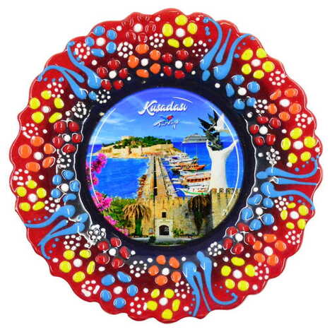 Kusadasi Themed Turkish Ceramic Plate With Epoxy 18 Cm - 12