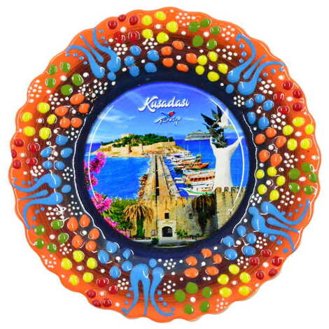 Kusadasi Themed Turkish Ceramic Plate With Epoxy 18 Cm - 13