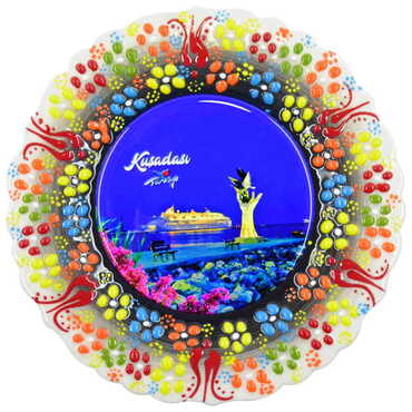 Kusadasi Themed Turkish Ceramic Plate With Epoxy 18 Cm - 14