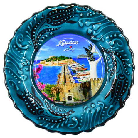 Kusadasi Themed Turkish Ceramic Plate With Epoxy 18 Cm - 15