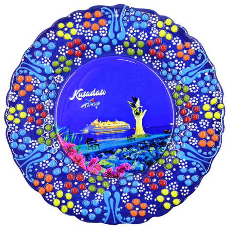 Kusadasi Themed Turkish Ceramic Plate With Epoxy 18 Cm - 17