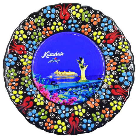 Kusadasi Themed Turkish Ceramic Plate With Epoxy 18 Cm - 18