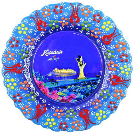 Kusadasi Themed Turkish Ceramic Plate With Epoxy 18 Cm - 19