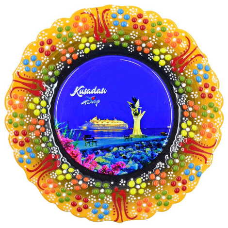 Kusadasi Themed Turkish Ceramic Plate With Epoxy 18 Cm - 20