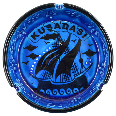 Kusadasi Themed Turkish Ceramic Turquoise Ashtray Big Size - 7