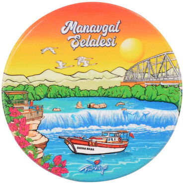 Manavgat Themed Ceramic Round Shiny Fridge Magnet 7 cm - Myros