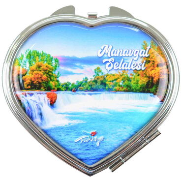 Manavgat Themed Customised Metal Epoxy Travel Make Up Compact Heart Shaped Mirror 70x65x8 mm - 6