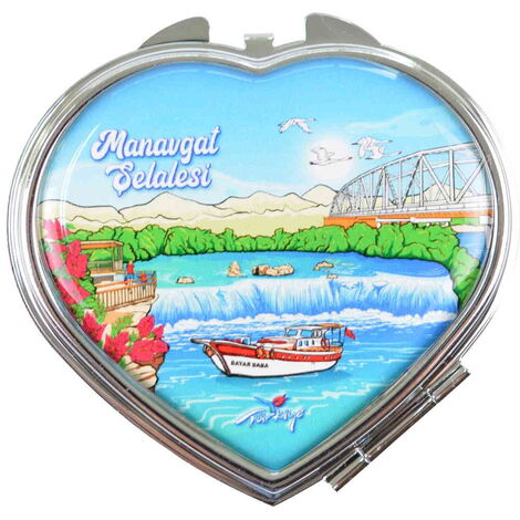 Manavgat Themed Customised Metal Epoxy Travel Make Up Compact Heart Shaped Mirror 70x65x8 mm - 7