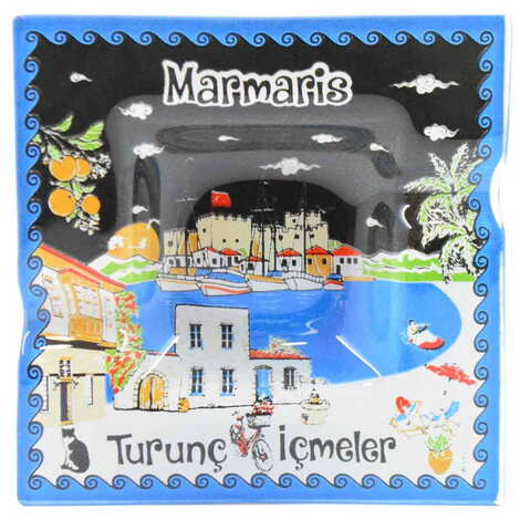 Toptan Marmaris Temalı Dekorlu Cam Küllük 100X100 mm - 5