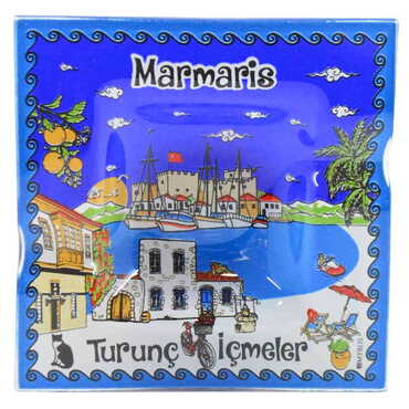 Toptan Marmaris Temalı Dekorlu Cam Küllük 100X100 mm - 6