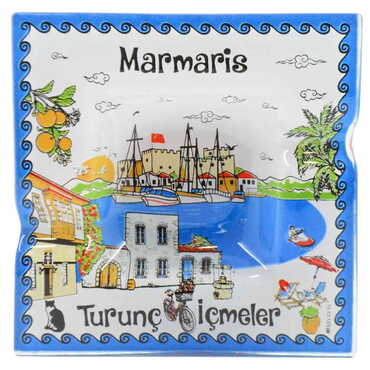 Toptan Marmaris Temalı Dekorlu Cam Küllük 100X100 mm - 7