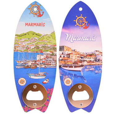 Toptan Marmaris Temalı Myros Ahşap Sörf Tahtası Açacak Magnet 185x72 mm - 4