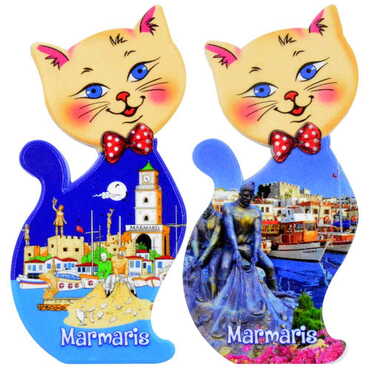 Marmaris Themed Customised UV Printed Plastic Base Cat Shaped Fridge Magnet 43x87 mm - 3