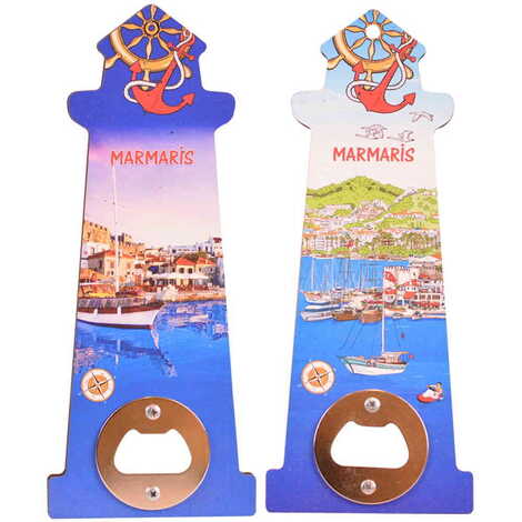 Marmaris Themed Lighthouse Shaped Printed MDF Wooden Bottle Opener 188x77 mm - 2