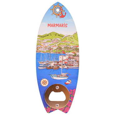 Marmaris Themed Surf Board Shaped Printed MDF Wooden Bottle Opener 185x72 mm - 5