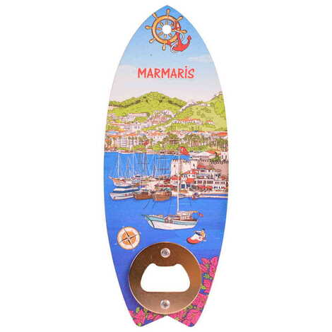 Marmaris Themed Surf Board Shaped Printed MDF Wooden Bottle Opener 185x72 mm - 5