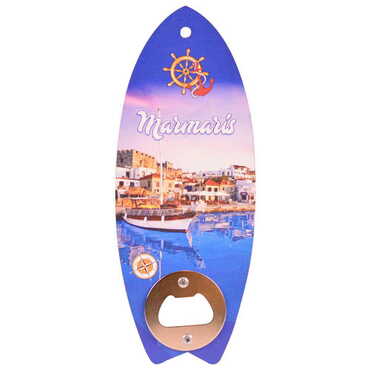 Marmaris Themed Surf Board Shaped Printed MDF Wooden Bottle Opener 185x72 mm - 6