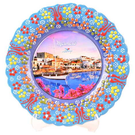 Marmaris Themed Turkish Ceramic Plate With Epoxy 25 Cm - 12