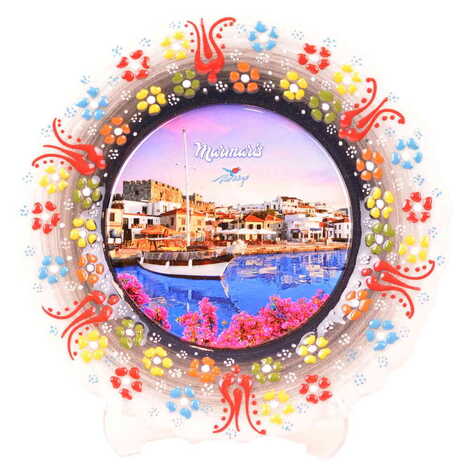 Marmaris Themed Turkish Ceramic Plate With Epoxy 25 Cm - 14