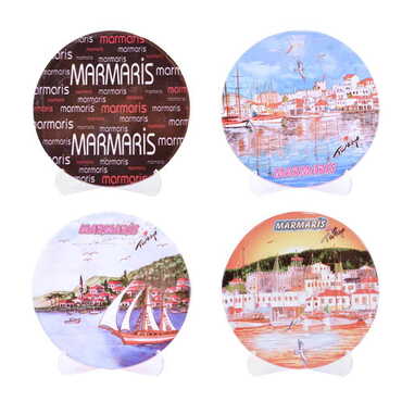 Marmaris Themed Turkish Ceramic Turkey Themed Round Trivet 110 mm - 2