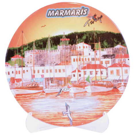 Marmaris Themed Turkish Ceramic Turkey Themed Round Trivet 110 mm - 5