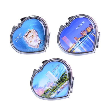 Mersin Themed Customised Metal Epoxy Travel Make Up Compact Heart Shaped Mirror 70x65x8 mm - 3