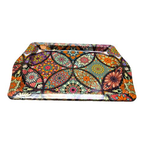 Wholesale Mandala Themed Mini Metal Tray (25*16 Cm) Double Sided Printed - 24