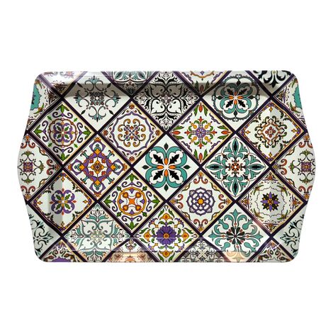 Wholesale Mandala Themed Mini Metal Tray (25*16 Cm) Double Sided Printed - 7