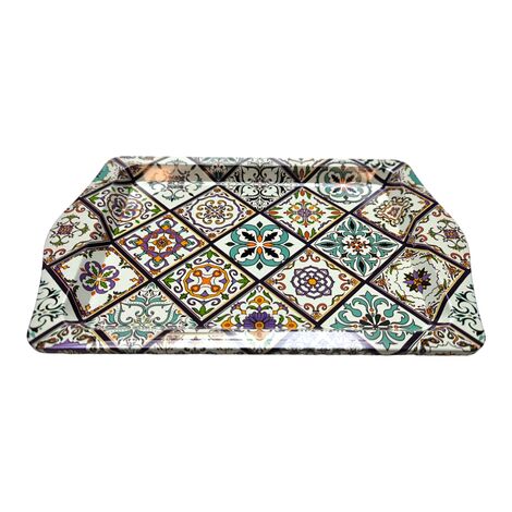 Wholesale Mandala Themed Mini Metal Tray (25*16 Cm) Double Sided Printed - 23