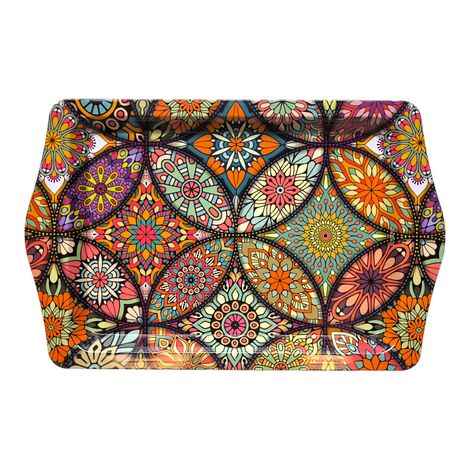 Wholesale Mandala Themed Mini Metal Tray (25*16 Cm) Double Sided Printed - 2