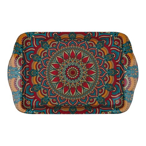 Wholesale Mandala Themed Mini Metal Tray (25*16 Cm) Double Sided Printed - 4