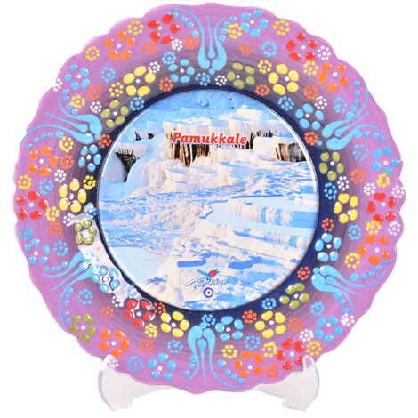 Toptan Pamukkale Temalı Çini Myros Resim Tabak 18 cm - 36