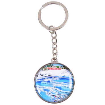 Pamukkale Themed Metal Double Face Round Keychain 40x95 mm - 5