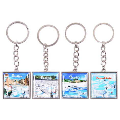 Pamukkale Themed Metal Square Shaped Double Face Keychain 36x95 mm - 2