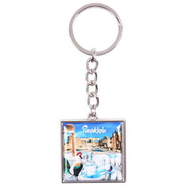 Pamukkale Themed Metal Square Shaped Double Face Keychain 36x95 mm - 3