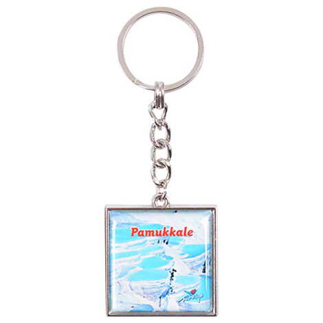 Pamukkale Themed Metal Square Shaped Double Face Keychain 36x95 mm - 4