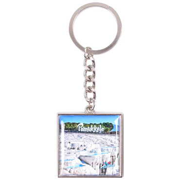 Pamukkale Themed Metal Square Shaped Double Face Keychain 36x95 mm - 6