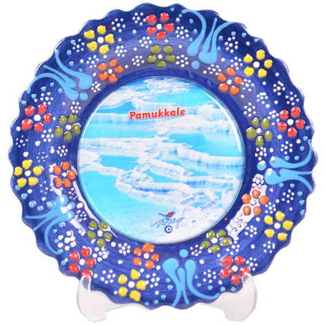 Pamukkale Themed Turkish Ceramic Plate With Epoxy 12 Cm - 5