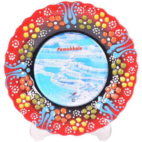 Pamukkale Themed Turkish Ceramic Plate With Epoxy 12 Cm - 6