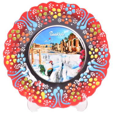 Pamukkale Themed Turkish Ceramic Plate With Epoxy 12 Cm - 12