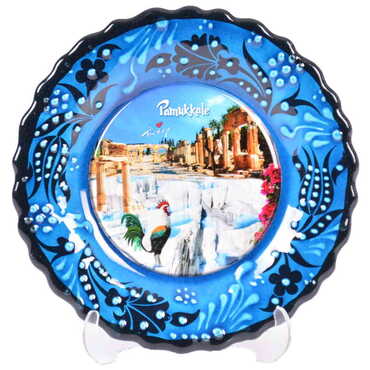 Pamukkale Themed Turkish Ceramic Plate With Epoxy 12 Cm - 13