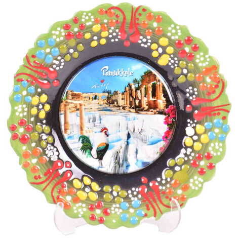 Pamukkale Themed Turkish Ceramic Plate With Epoxy 12 Cm - 14