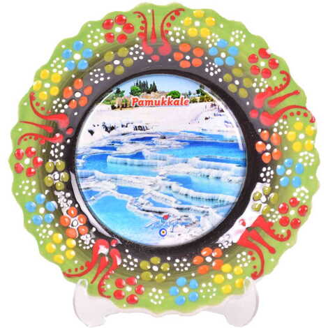 Pamukkale Themed Turkish Ceramic Plate With Epoxy 12 Cm - 16