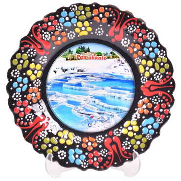 Pamukkale Themed Turkish Ceramic Plate With Epoxy 12 Cm - 17