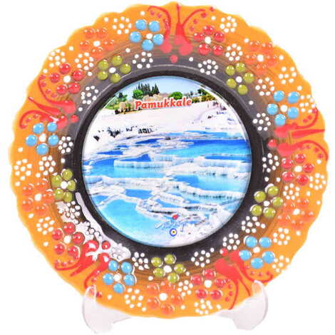 Pamukkale Themed Turkish Ceramic Plate With Epoxy 12 Cm - 18