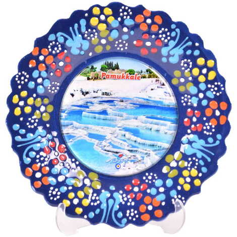 Pamukkale Themed Turkish Ceramic Plate With Epoxy 12 Cm - 19